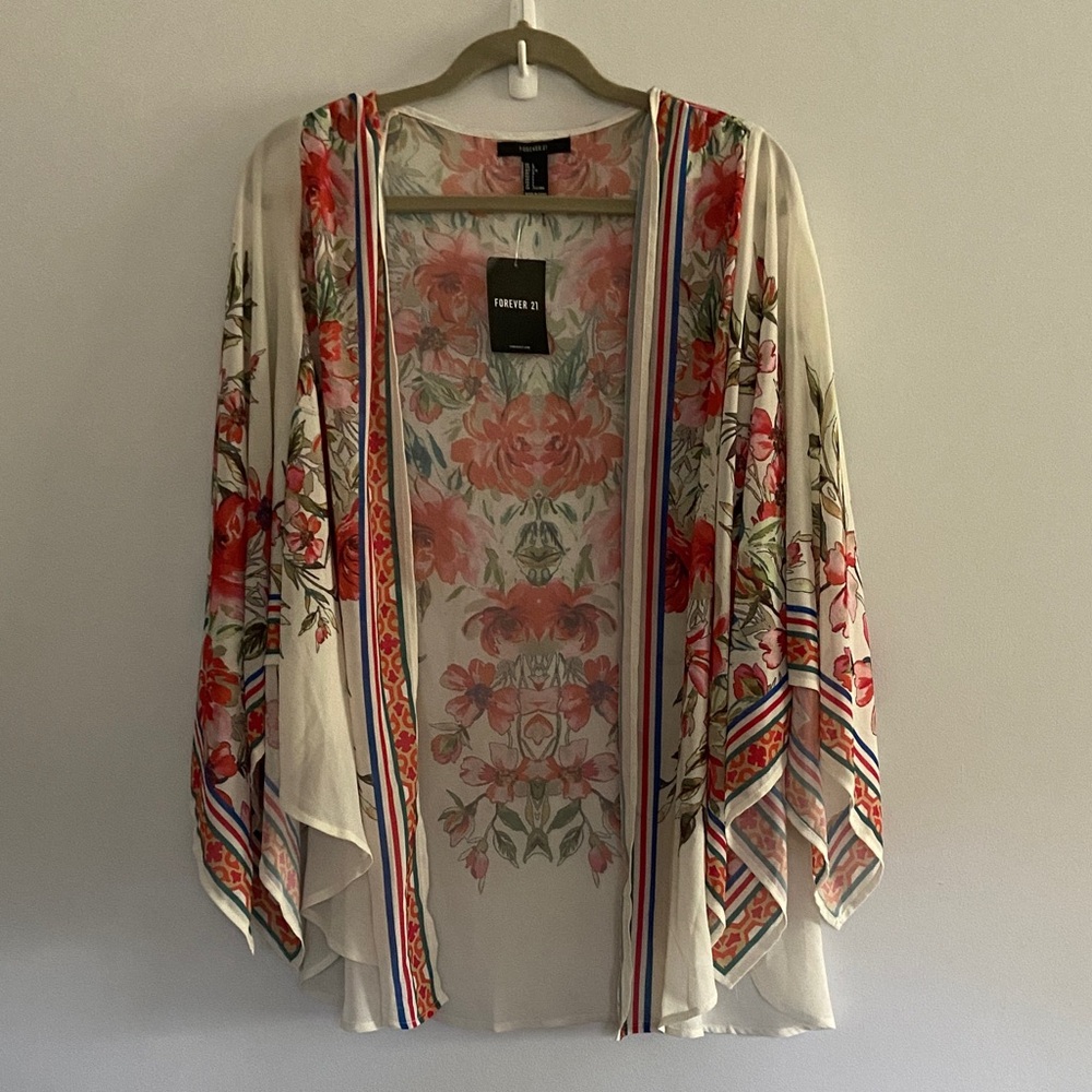 Forever 21 Sheer Floral Open-Front Kimono in Ivory, Coral & Green